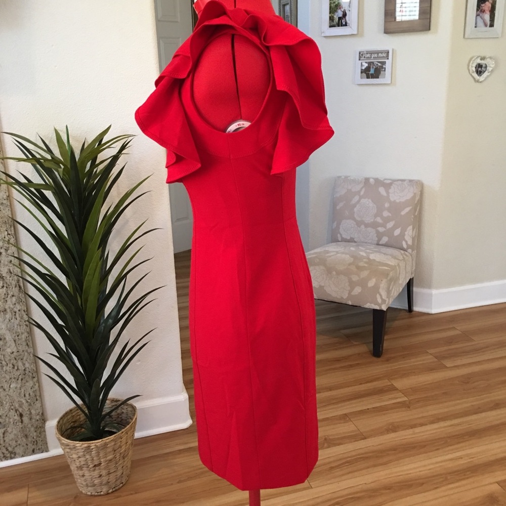 Calvin Klein red ruffle sleeve shift dress 2P - Picture 3 of 8